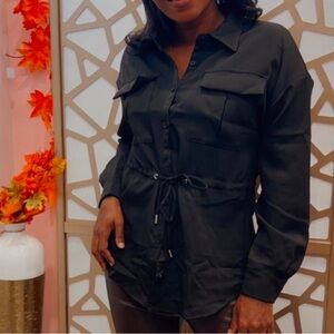 Tan Button-Up Drawstring Blouse